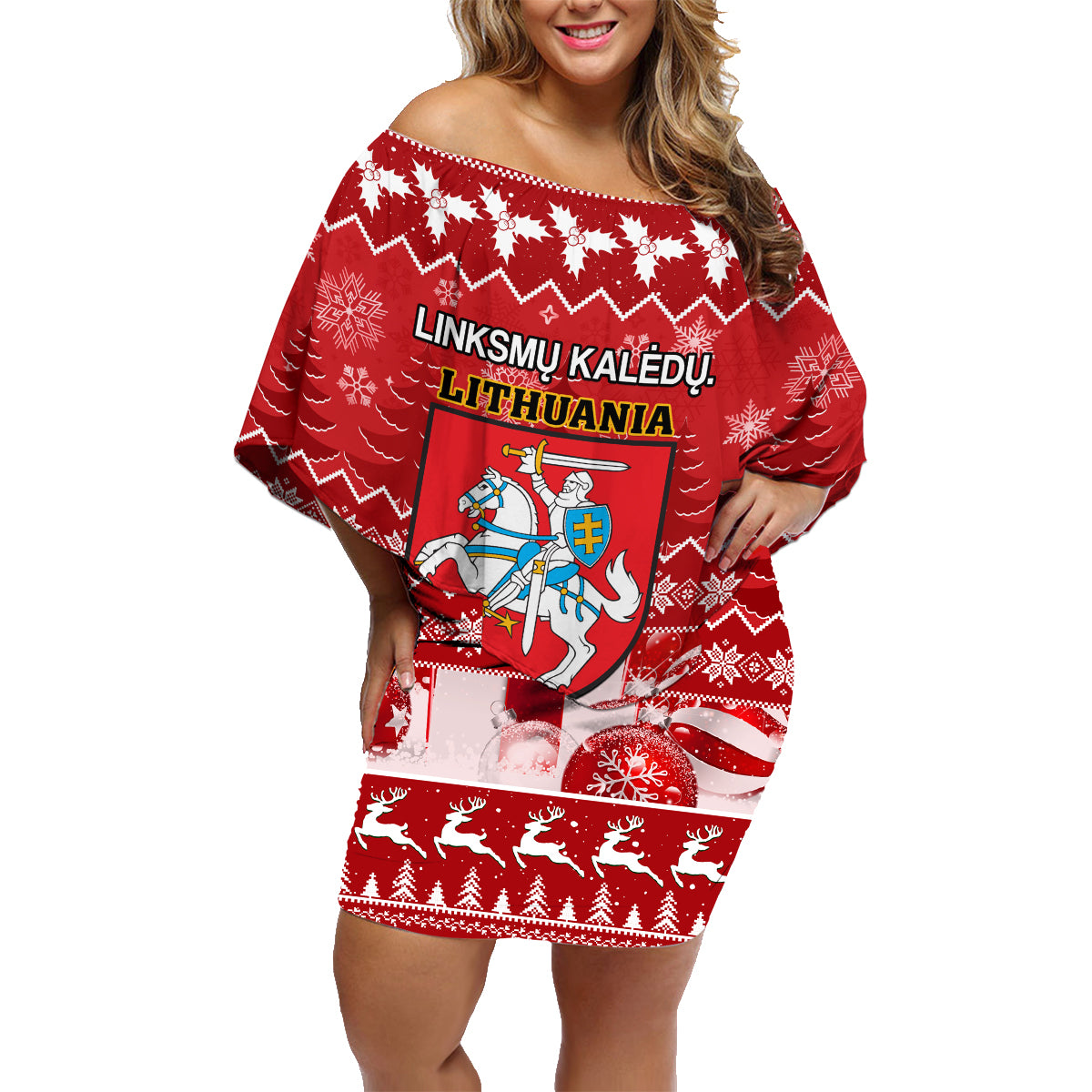 Personalised Lithuania Christmas Family Matching Off Shoulder Short Dress and Hawaiian Shirt Linksmu Kaledu - Wonder Print Shop