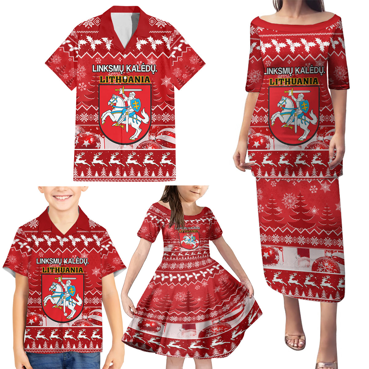 Personalised Lithuania Christmas Family Matching Puletasi Dress and Hawaiian Shirt Linksmu Kaledu - Wonder Print Shop