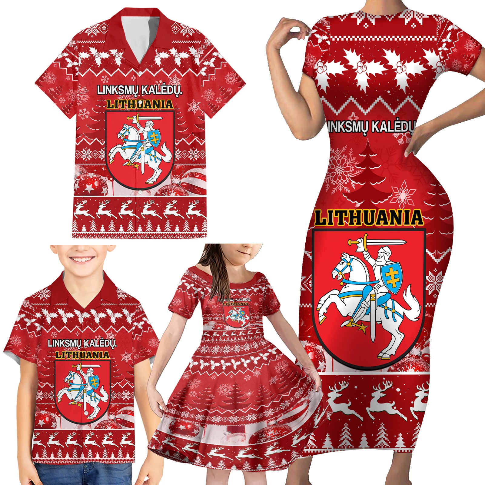 Personalised Lithuania Christmas Family Matching Short Sleeve Bodycon Dress and Hawaiian Shirt Linksmu Kaledu - Wonder Print Shop