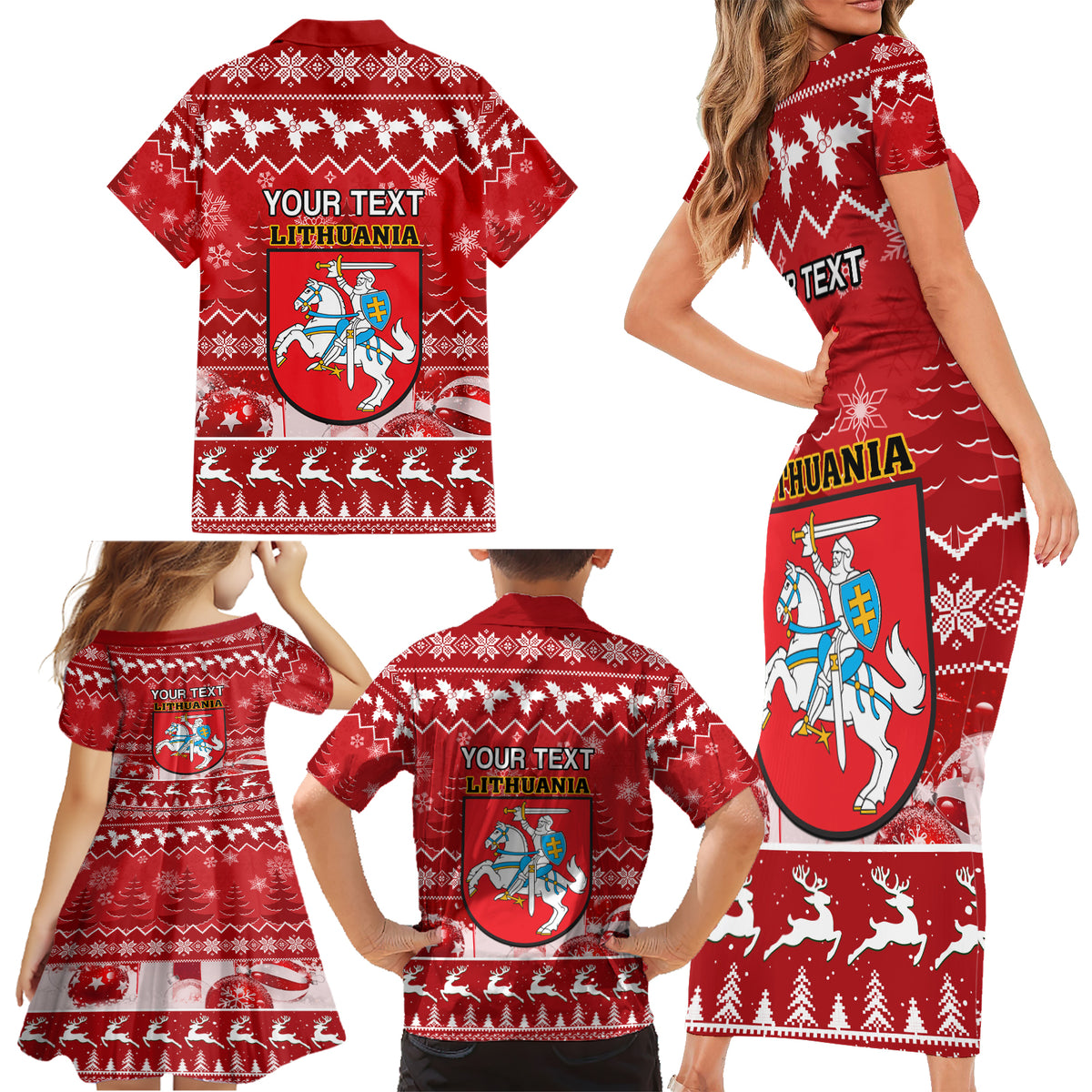 Personalised Lithuania Christmas Family Matching Short Sleeve Bodycon Dress and Hawaiian Shirt Linksmu Kaledu - Wonder Print Shop
