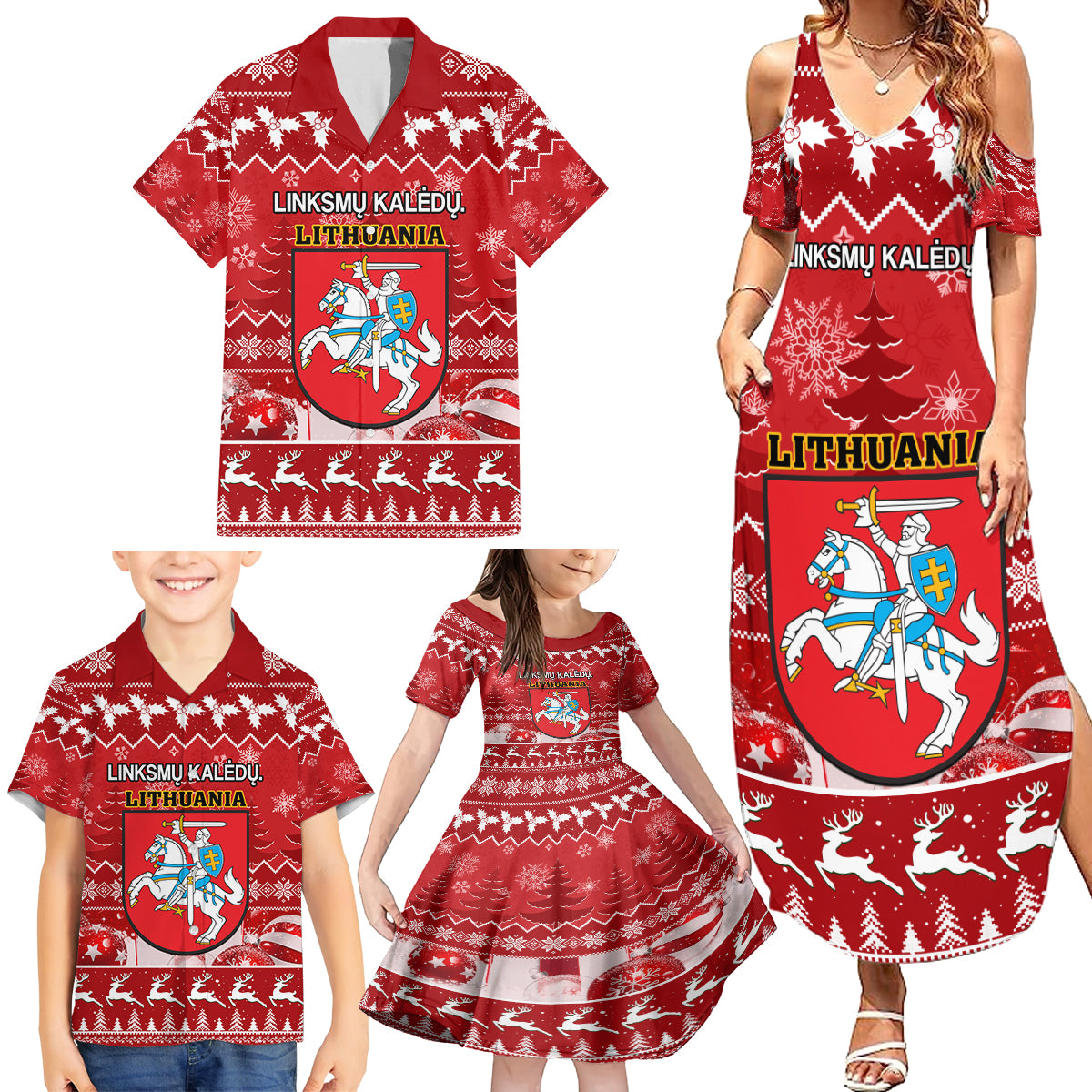 Personalised Lithuania Christmas Family Matching Summer Maxi Dress and Hawaiian Shirt Linksmu Kaledu - Wonder Print Shop