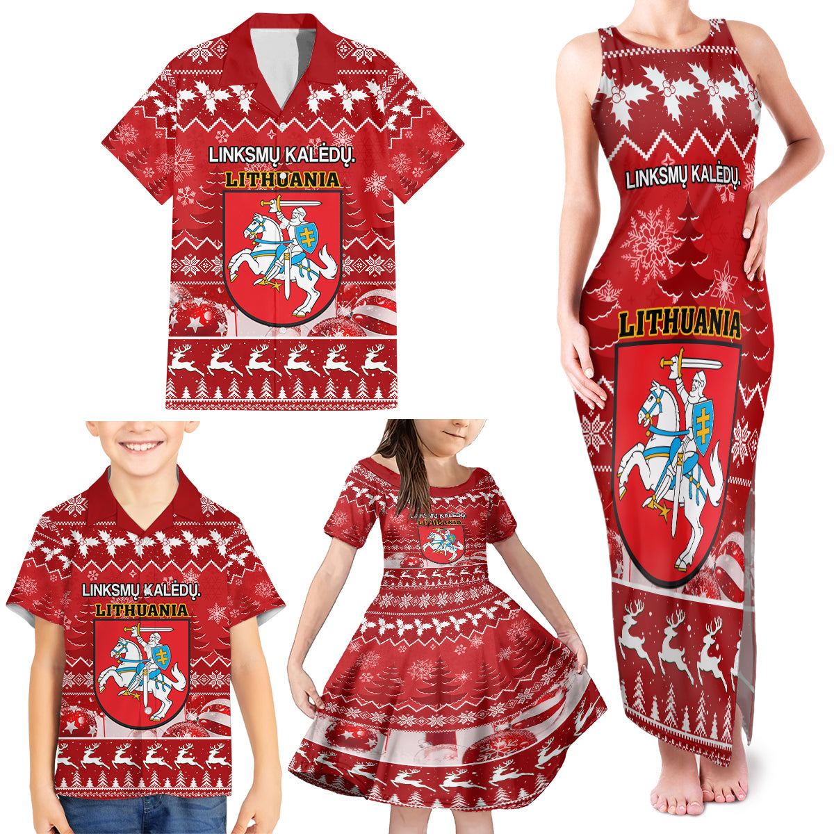 Personalised Lithuania Christmas Family Matching Tank Maxi Dress and Hawaiian Shirt Linksmu Kaledu - Wonder Print Shop