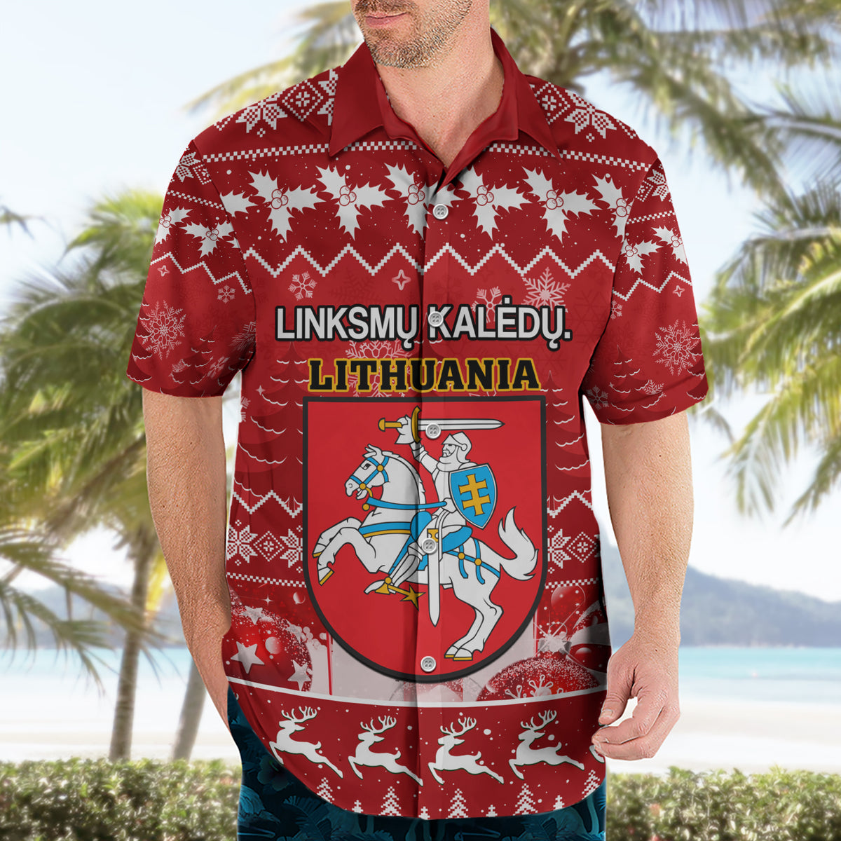 Personalised Lithuania Christmas Hawaiian Shirt Linksmu Kaledu - Wonder Print Shop