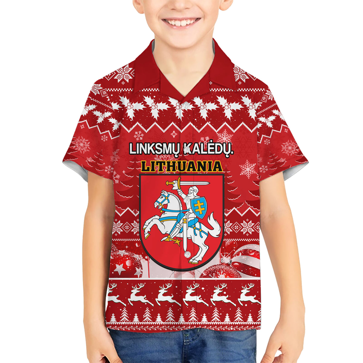 Personalised Lithuania Christmas Hawaiian Shirt Linksmu Kaledu - Wonder Print Shop