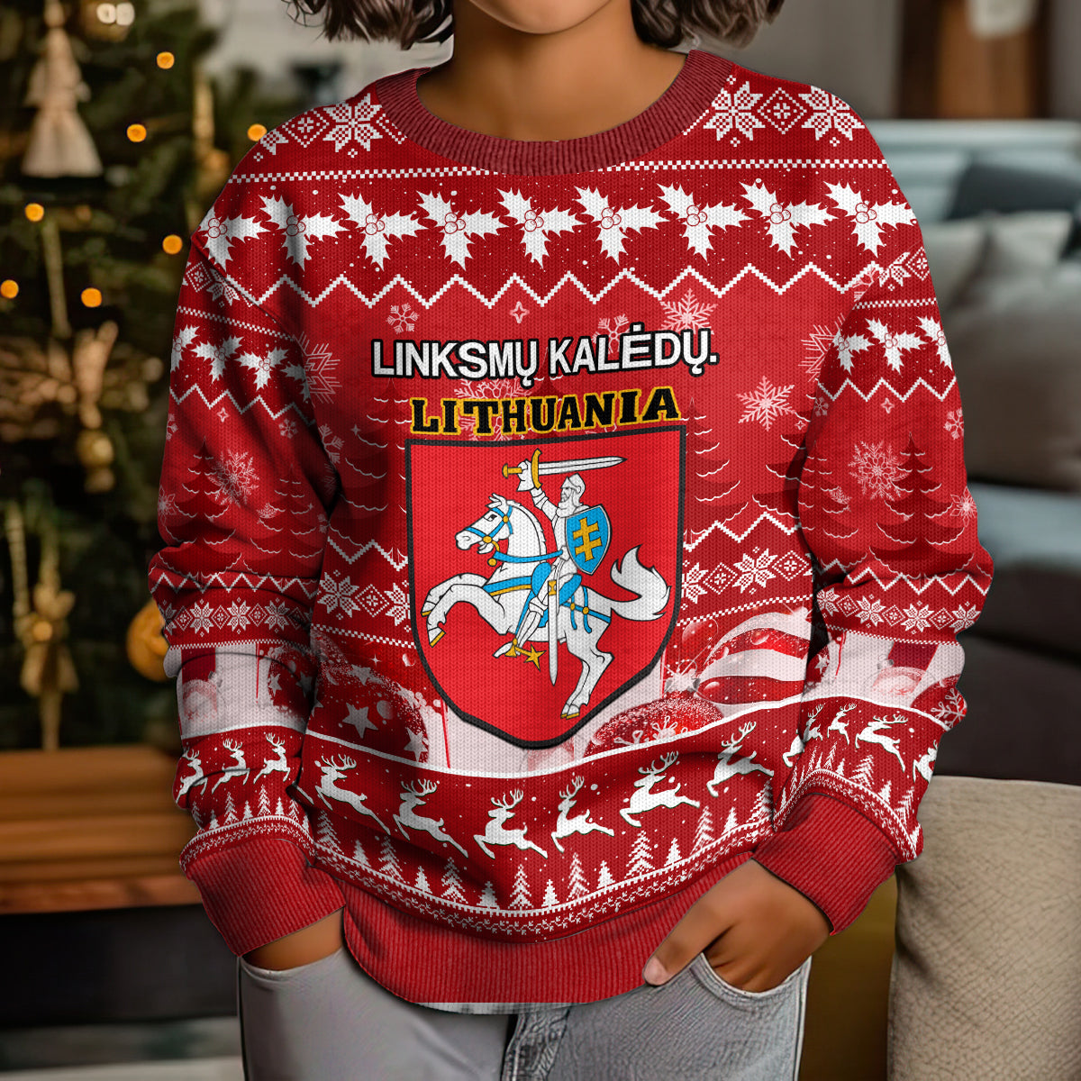 Personalised Lithuania Christmas Kid Ugly Christmas Sweater Linksmu Kaledu - Wonder Print Shop