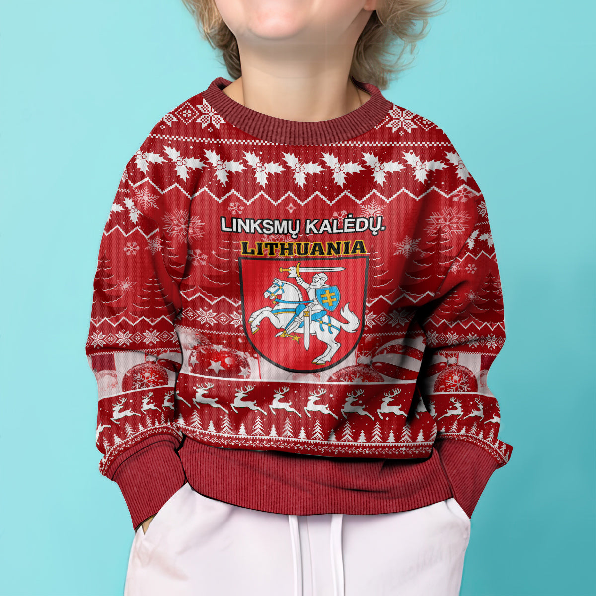 Personalised Lithuania Christmas Kid Ugly Christmas Sweater Linksmu Kaledu - Wonder Print Shop