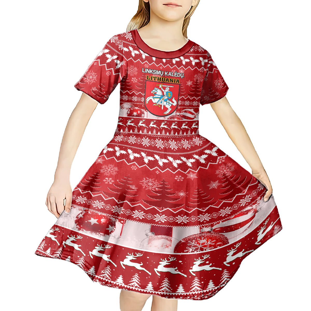 Personalised Lithuania Christmas Kid Short Sleeve Dress Linksmu Kaledu - Wonder Print Shop