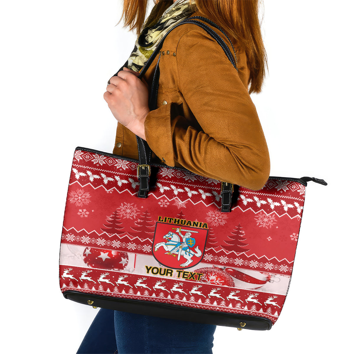 Personalised Lithuania Christmas Leather Tote Bag Linksmu Kaledu - Wonder Print Shop