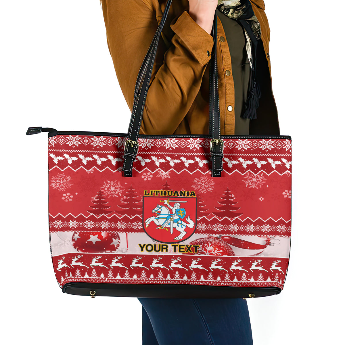 Personalised Lithuania Christmas Leather Tote Bag Linksmu Kaledu - Wonder Print Shop