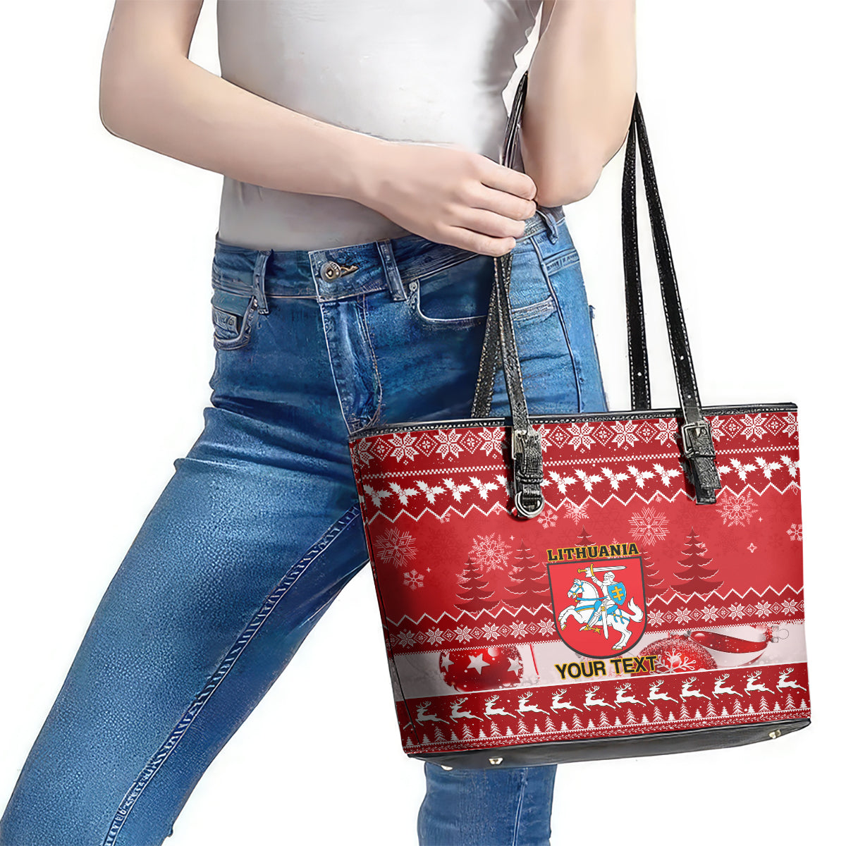 Personalised Lithuania Christmas Leather Tote Bag Linksmu Kaledu - Wonder Print Shop