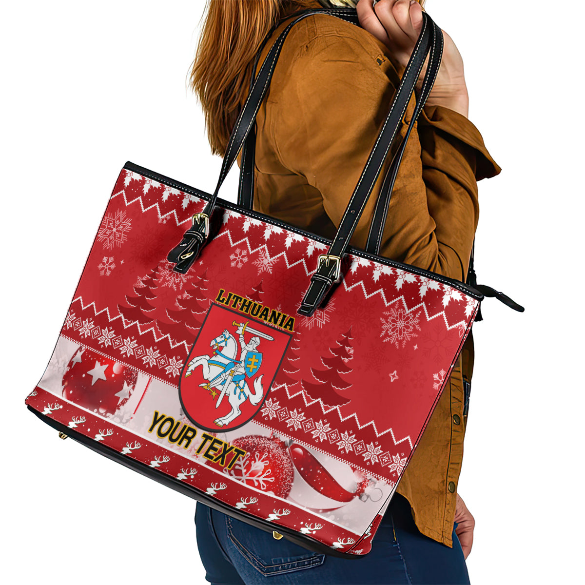 Personalised Lithuania Christmas Leather Tote Bag Linksmu Kaledu - Wonder Print Shop