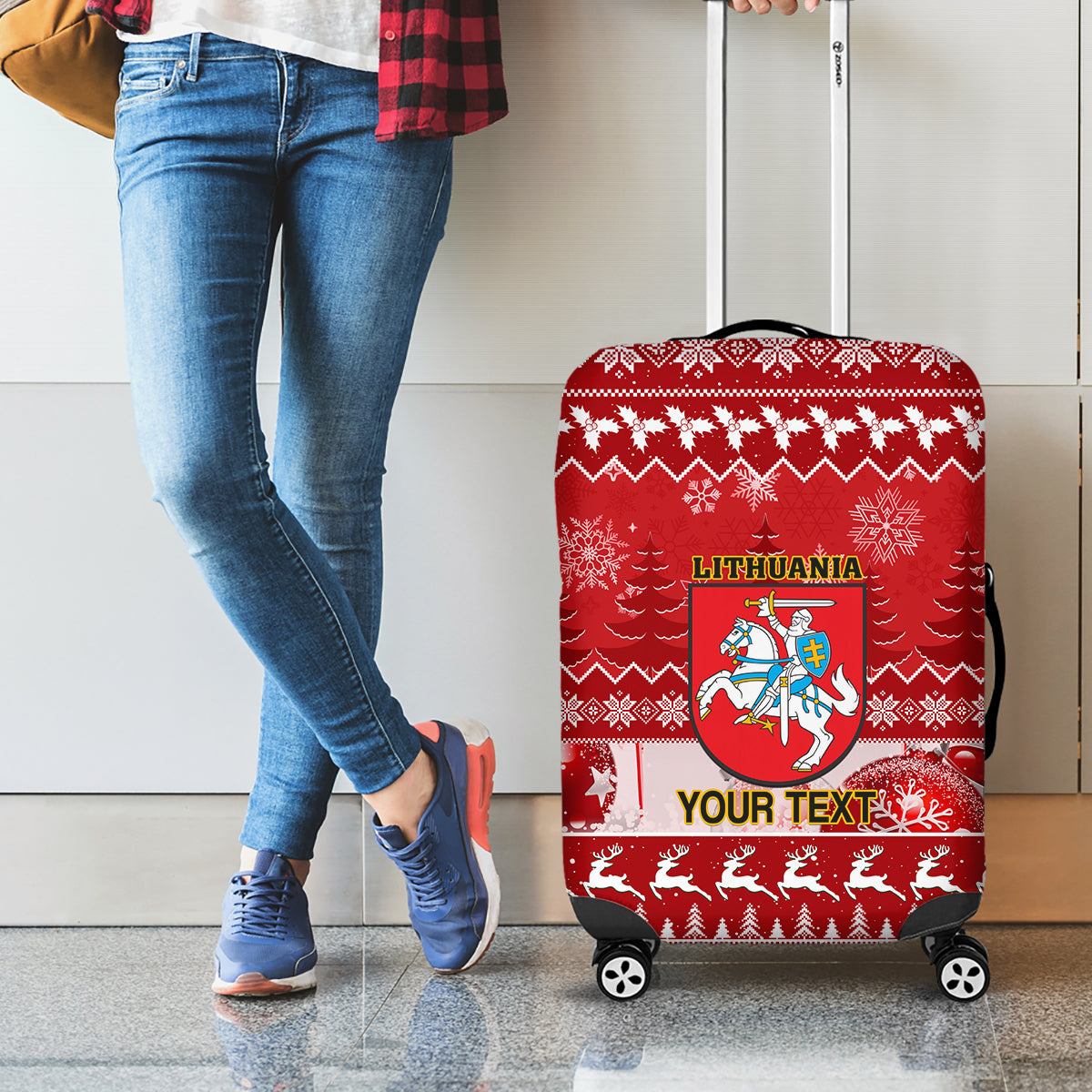 Personalised Lithuania Christmas Luggage Cover Linksmu Kaledu - Wonder Print Shop