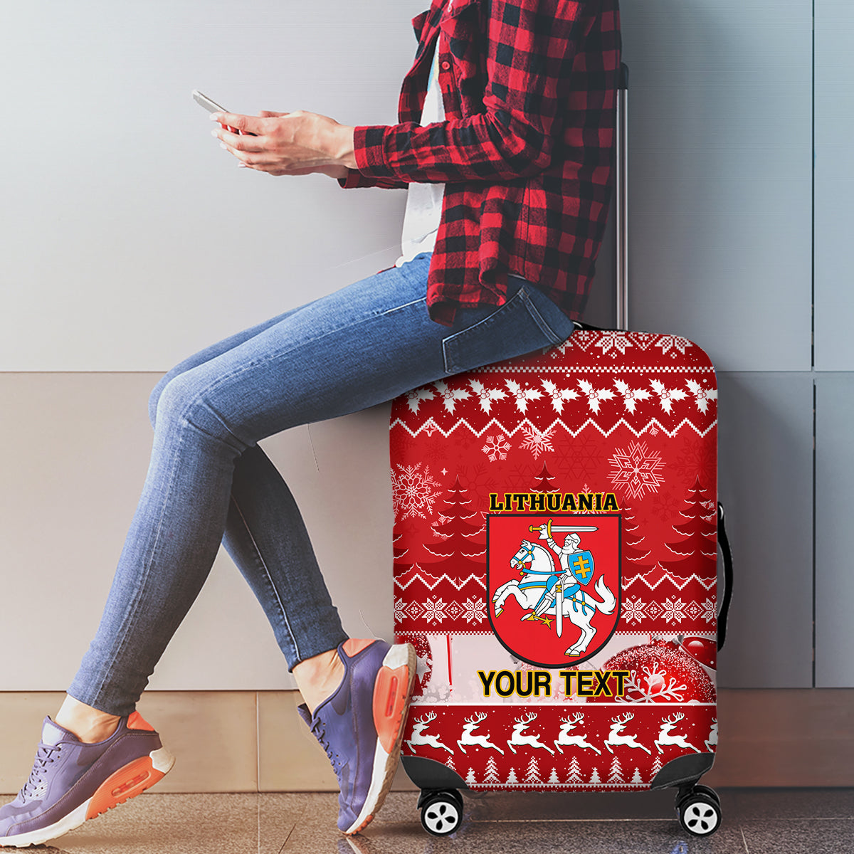 Personalised Lithuania Christmas Luggage Cover Linksmu Kaledu - Wonder Print Shop