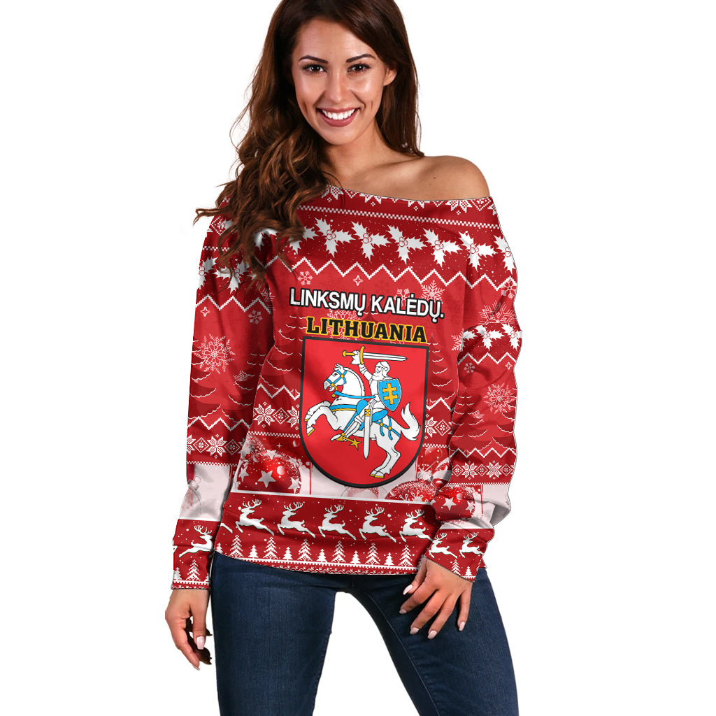 Personalised Lithuania Christmas Off Shoulder Sweater Linksmu Kaledu - Wonder Print Shop