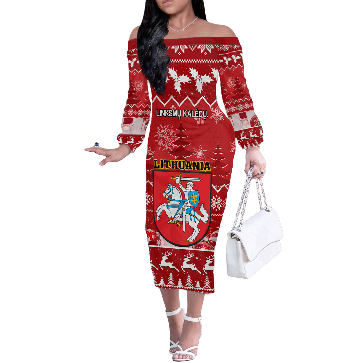 Personalised Lithuania Christmas Off The Shoulder Long Sleeve Dress Linksmu Kaledu - Wonder Print Shop