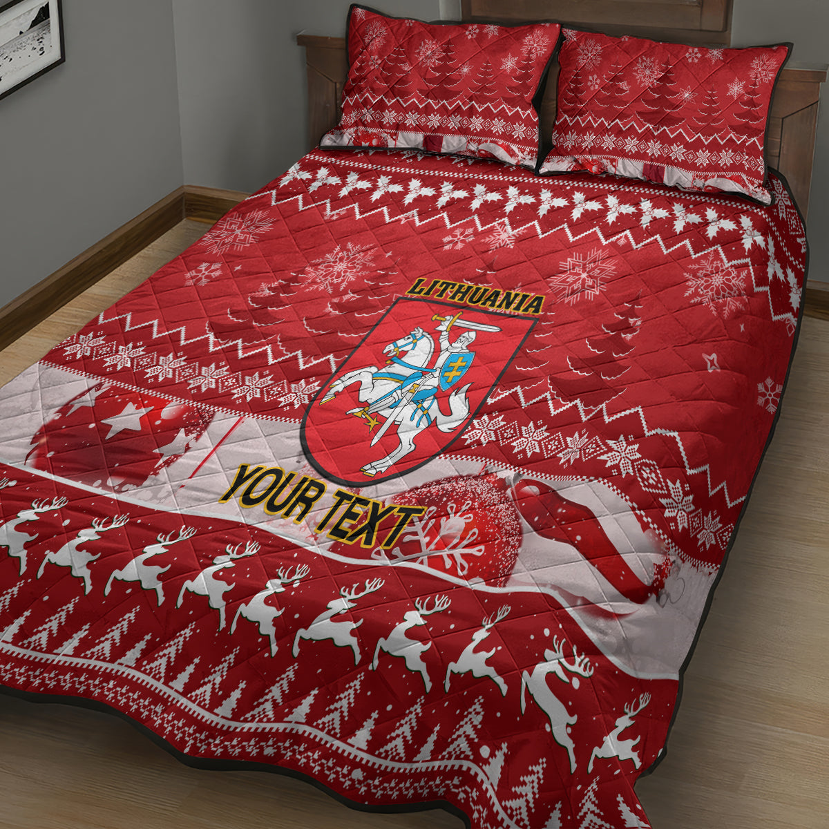Personalised Lithuania Christmas Quilt Bed Set Linksmu Kaledu - Wonder Print Shop