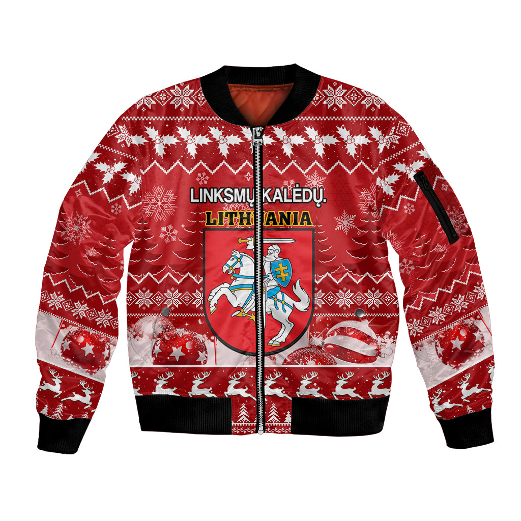 Personalised Lithuania Christmas Sleeve Zip Bomber Jacket Linksmu Kaledu - Wonder Print Shop