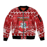 Personalised Lithuania Christmas Sleeve Zip Bomber Jacket Linksmu Kaledu - Wonder Print Shop