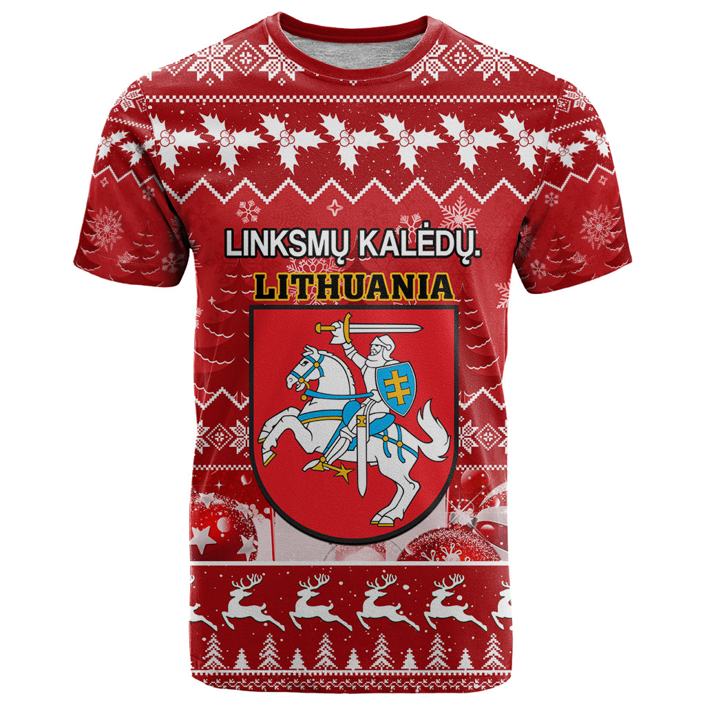 Personalised Lithuania Christmas T Shirt Linksmu Kaledu - Wonder Print Shop