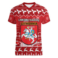 Personalised Lithuania Christmas Women V Neck T Shirt Linksmu Kaledu - Wonder Print Shop
