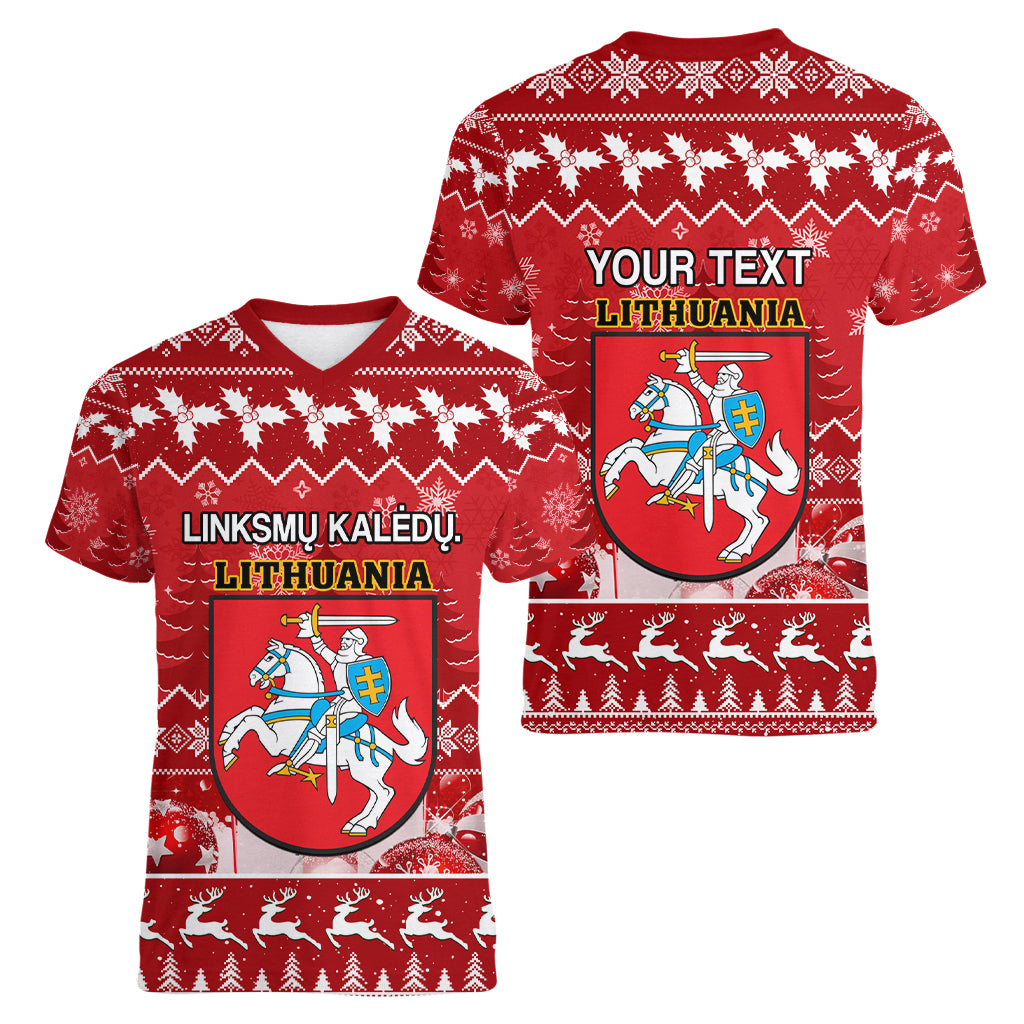 Personalised Lithuania Christmas Women V Neck T Shirt Linksmu Kaledu - Wonder Print Shop