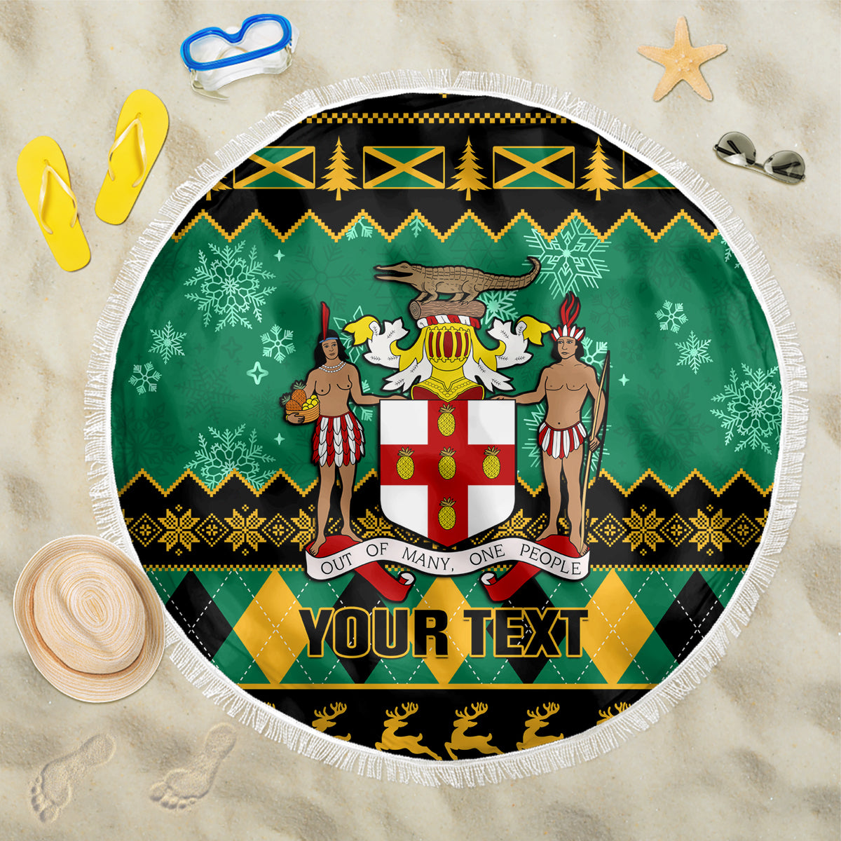 Personalised Jamaica Christmas Beach Blanket Jamaican Coat Of Arms Xmas Vibes - Wonder Print Shop