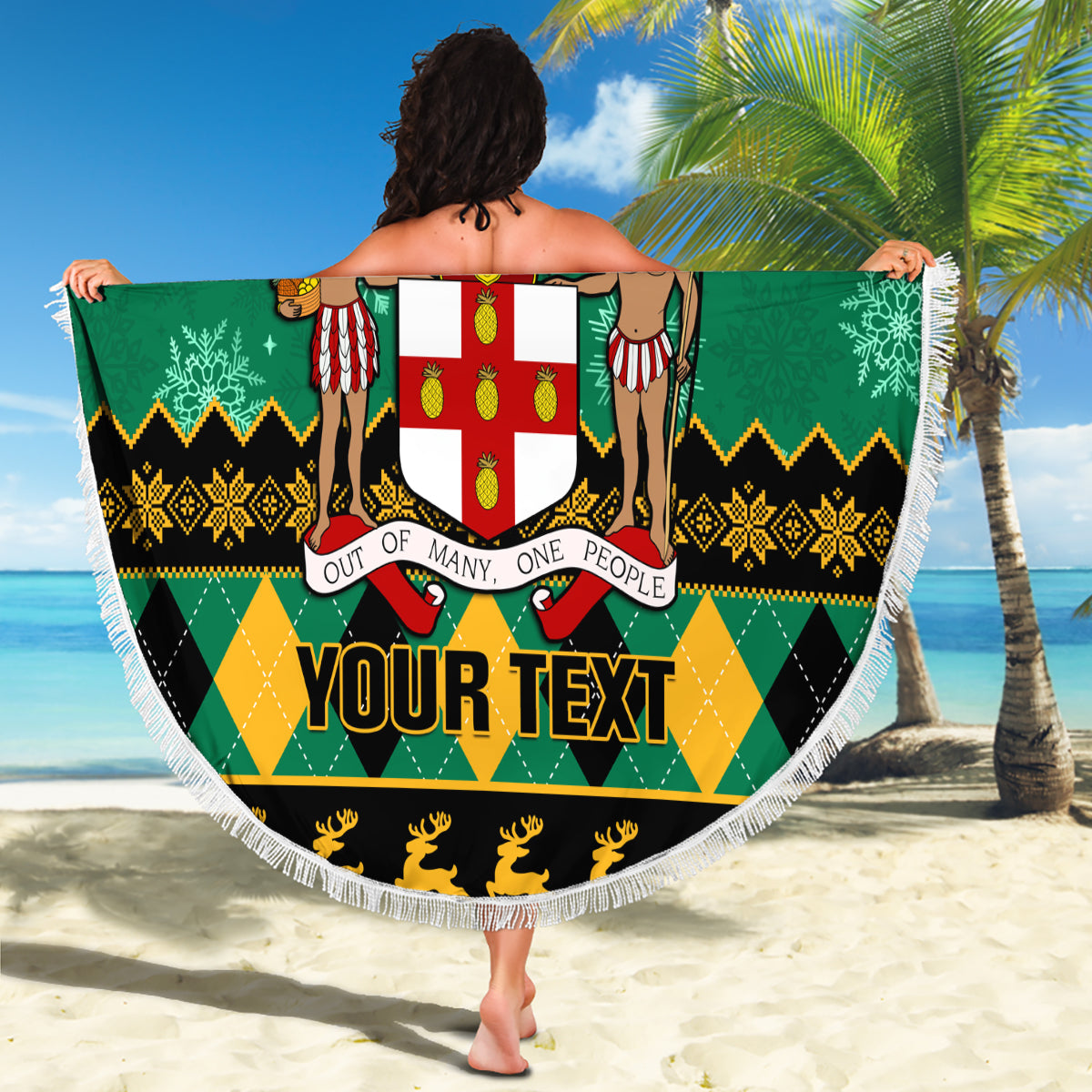 Personalised Jamaica Christmas Beach Blanket Jamaican Coat Of Arms Xmas Vibes - Wonder Print Shop