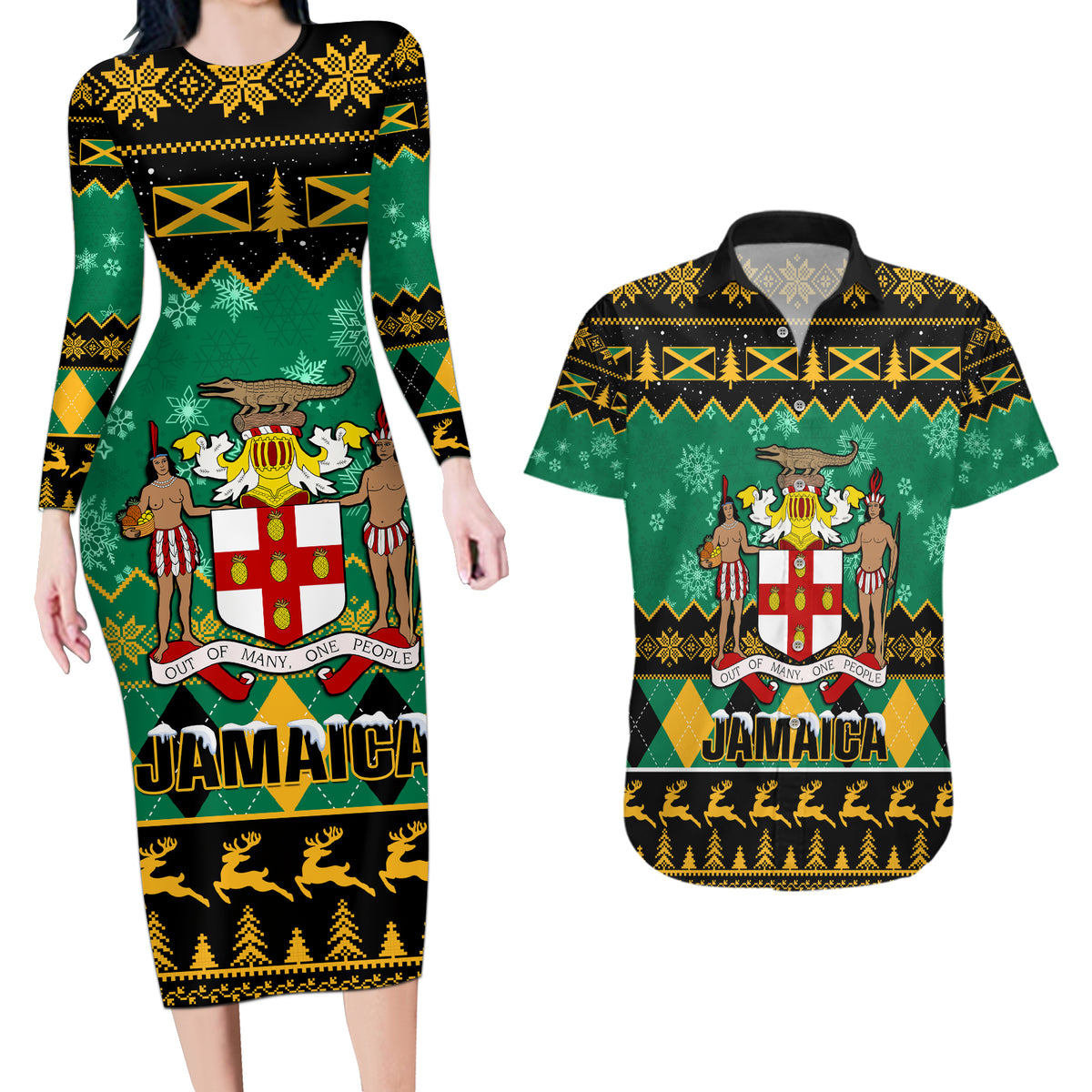 Personalised Jamaica Christmas Couples Matching Long Sleeve Bodycon Dress and Hawaiian Shirt Jamaican Coat Of Arms Xmas Vibes - Wonder Print Shop