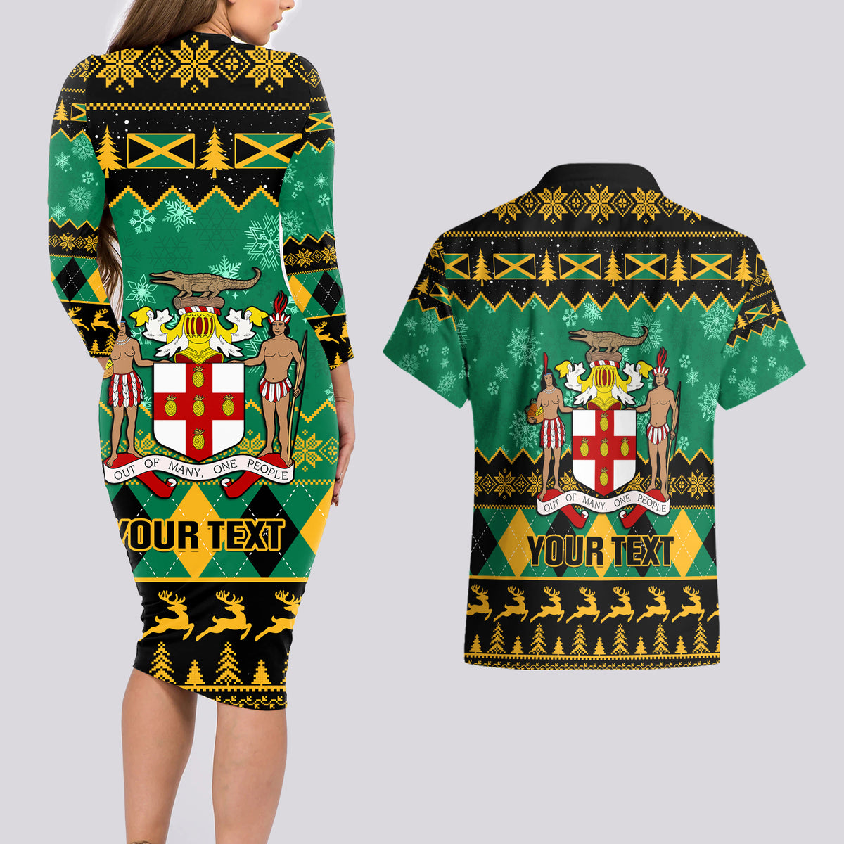 Personalised Jamaica Christmas Couples Matching Long Sleeve Bodycon Dress and Hawaiian Shirt Jamaican Coat Of Arms Xmas Vibes - Wonder Print Shop