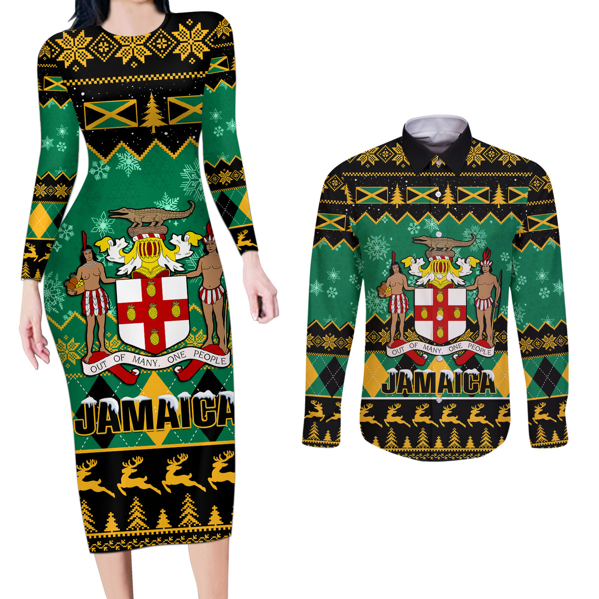 Personalised Jamaica Christmas Couples Matching Long Sleeve Bodycon Dress and Long Sleeve Button Shirt Jamaican Coat Of Arms Xmas Vibes - Wonder Print Shop