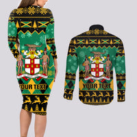 Personalised Jamaica Christmas Couples Matching Long Sleeve Bodycon Dress and Long Sleeve Button Shirt Jamaican Coat Of Arms Xmas Vibes - Wonder Print Shop