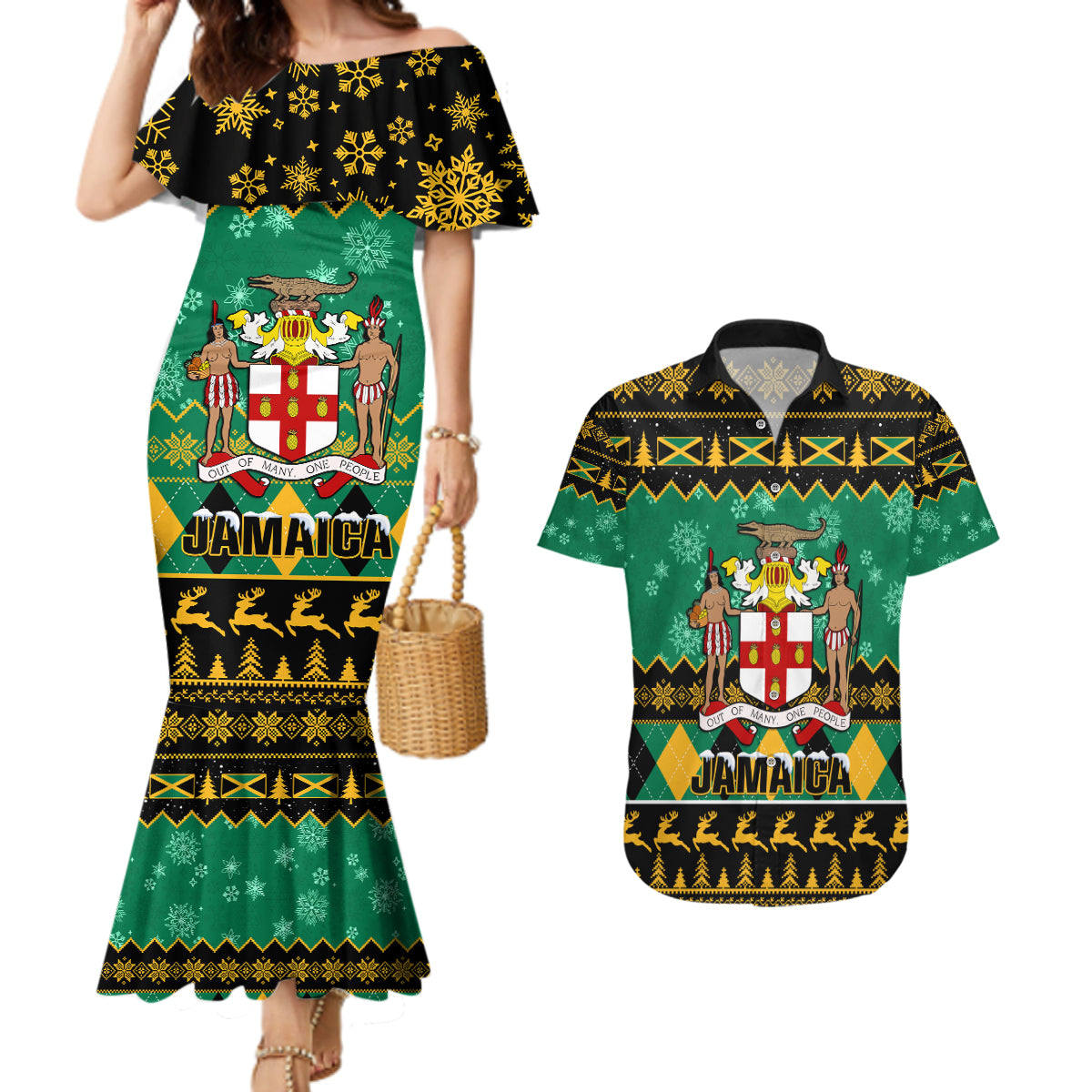 Personalised Jamaica Christmas Couples Matching Mermaid Dress and Hawaiian Shirt Jamaican Coat Of Arms Xmas Vibes - Wonder Print Shop