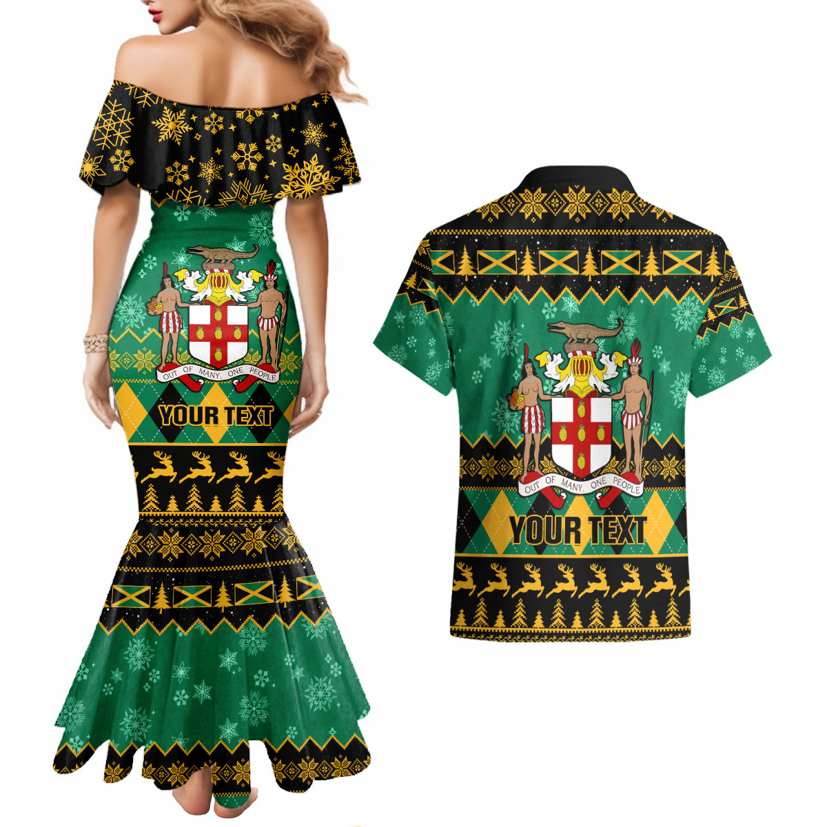 Personalised Jamaica Christmas Couples Matching Mermaid Dress and Hawaiian Shirt Jamaican Coat Of Arms Xmas Vibes - Wonder Print Shop