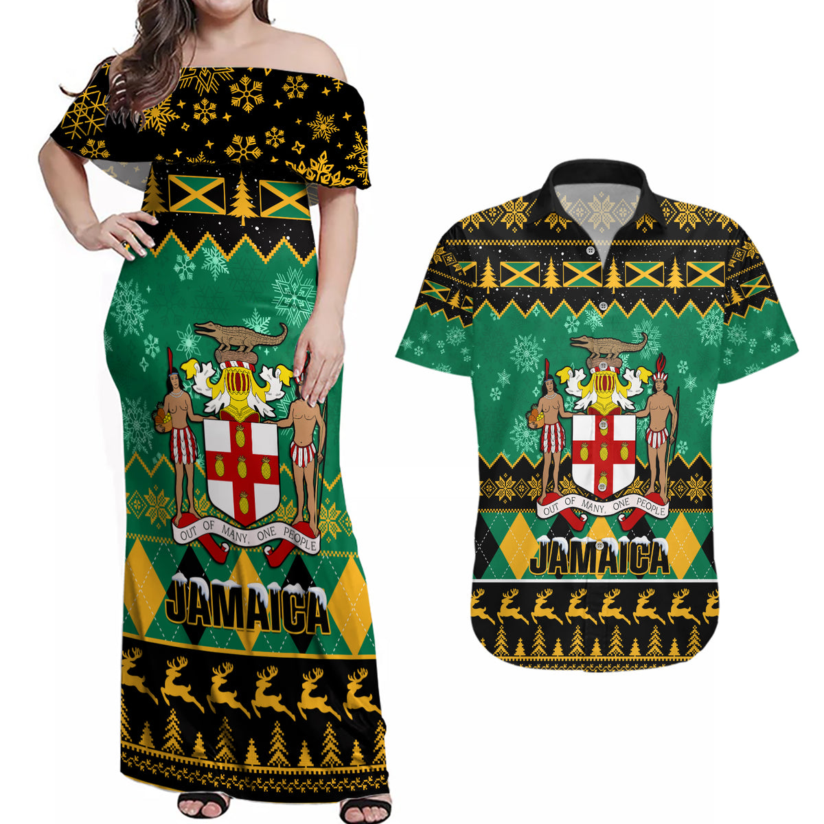 Personalised Jamaica Christmas Couples Matching Off Shoulder Maxi Dress and Hawaiian Shirt Jamaican Coat Of Arms Xmas Vibes - Wonder Print Shop