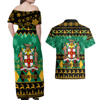 Personalised Jamaica Christmas Couples Matching Off Shoulder Maxi Dress and Hawaiian Shirt Jamaican Coat Of Arms Xmas Vibes - Wonder Print Shop