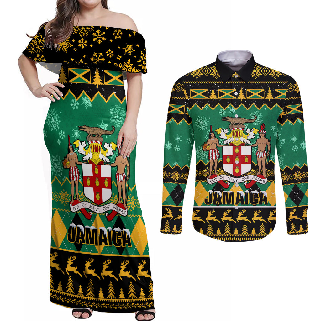 Personalised Jamaica Christmas Couples Matching Off Shoulder Maxi Dress and Long Sleeve Button Shirt Jamaican Coat Of Arms Xmas Vibes - Wonder Print Shop