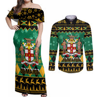 Personalised Jamaica Christmas Couples Matching Off Shoulder Maxi Dress and Long Sleeve Button Shirt Jamaican Coat Of Arms Xmas Vibes - Wonder Print Shop