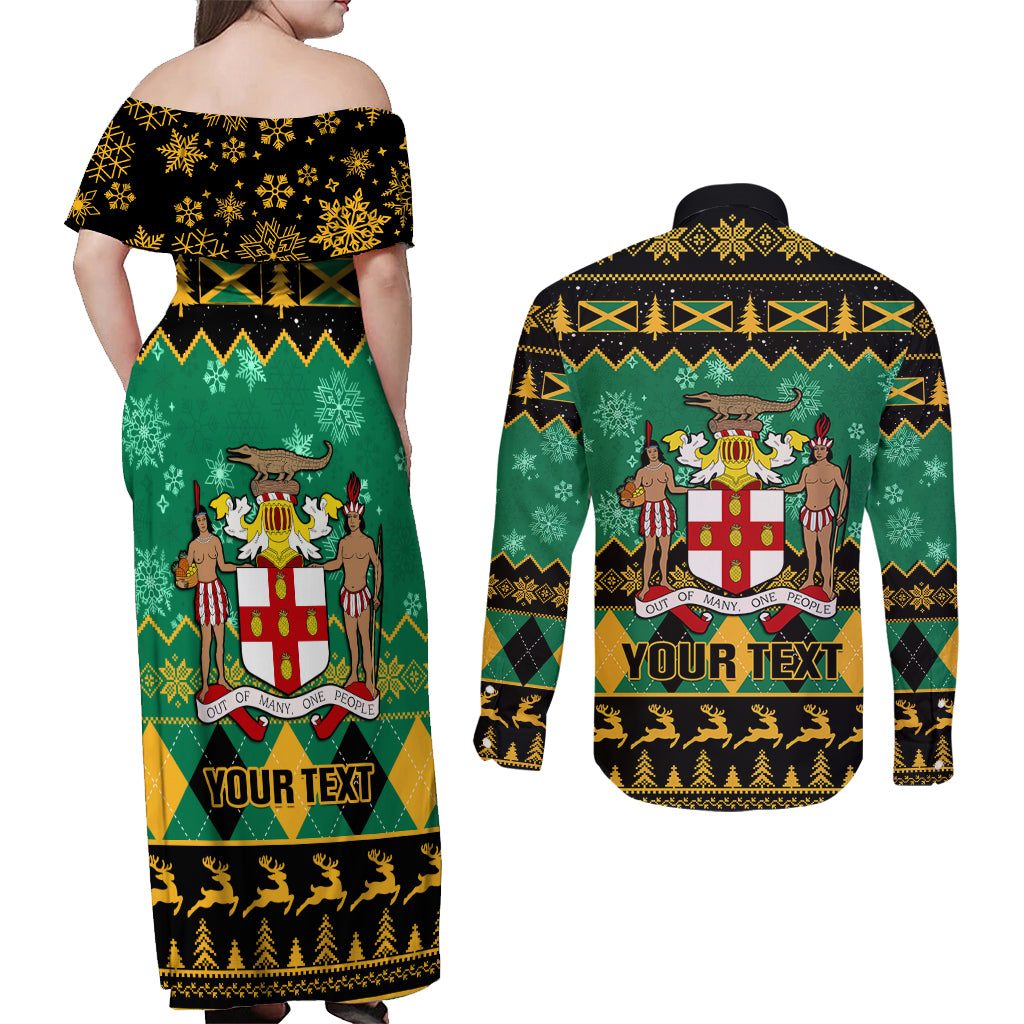 Personalised Jamaica Christmas Couples Matching Off Shoulder Maxi Dress and Long Sleeve Button Shirt Jamaican Coat Of Arms Xmas Vibes - Wonder Print Shop