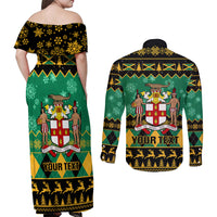 Personalised Jamaica Christmas Couples Matching Off Shoulder Maxi Dress and Long Sleeve Button Shirt Jamaican Coat Of Arms Xmas Vibes - Wonder Print Shop