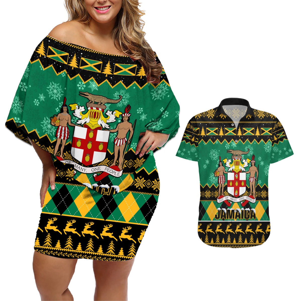 Personalised Jamaica Christmas Couples Matching Off Shoulder Short Dress and Hawaiian Shirt Jamaican Coat Of Arms Xmas Vibes - Wonder Print Shop