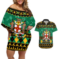 Personalised Jamaica Christmas Couples Matching Off Shoulder Short Dress and Hawaiian Shirt Jamaican Coat Of Arms Xmas Vibes - Wonder Print Shop