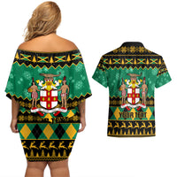 Personalised Jamaica Christmas Couples Matching Off Shoulder Short Dress and Hawaiian Shirt Jamaican Coat Of Arms Xmas Vibes - Wonder Print Shop