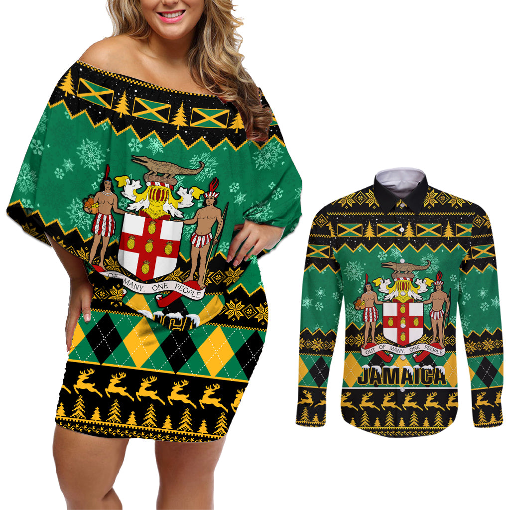 Personalised Jamaica Christmas Couples Matching Off Shoulder Short Dress and Long Sleeve Button Shirt Jamaican Coat Of Arms Xmas Vibes - Wonder Print Shop