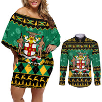 Personalised Jamaica Christmas Couples Matching Off Shoulder Short Dress and Long Sleeve Button Shirt Jamaican Coat Of Arms Xmas Vibes - Wonder Print Shop