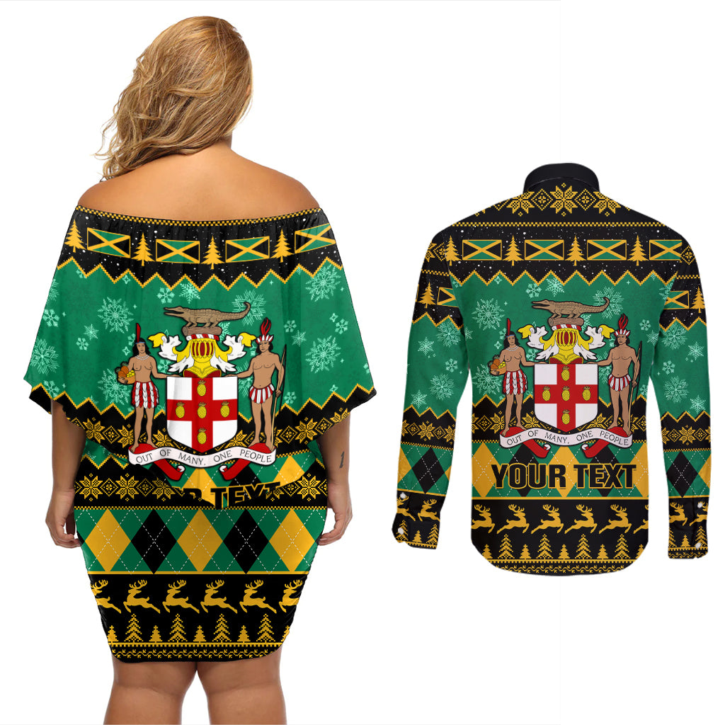 Personalised Jamaica Christmas Couples Matching Off Shoulder Short Dress and Long Sleeve Button Shirt Jamaican Coat Of Arms Xmas Vibes - Wonder Print Shop