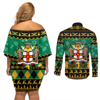 Personalised Jamaica Christmas Couples Matching Off Shoulder Short Dress and Long Sleeve Button Shirt Jamaican Coat Of Arms Xmas Vibes - Wonder Print Shop