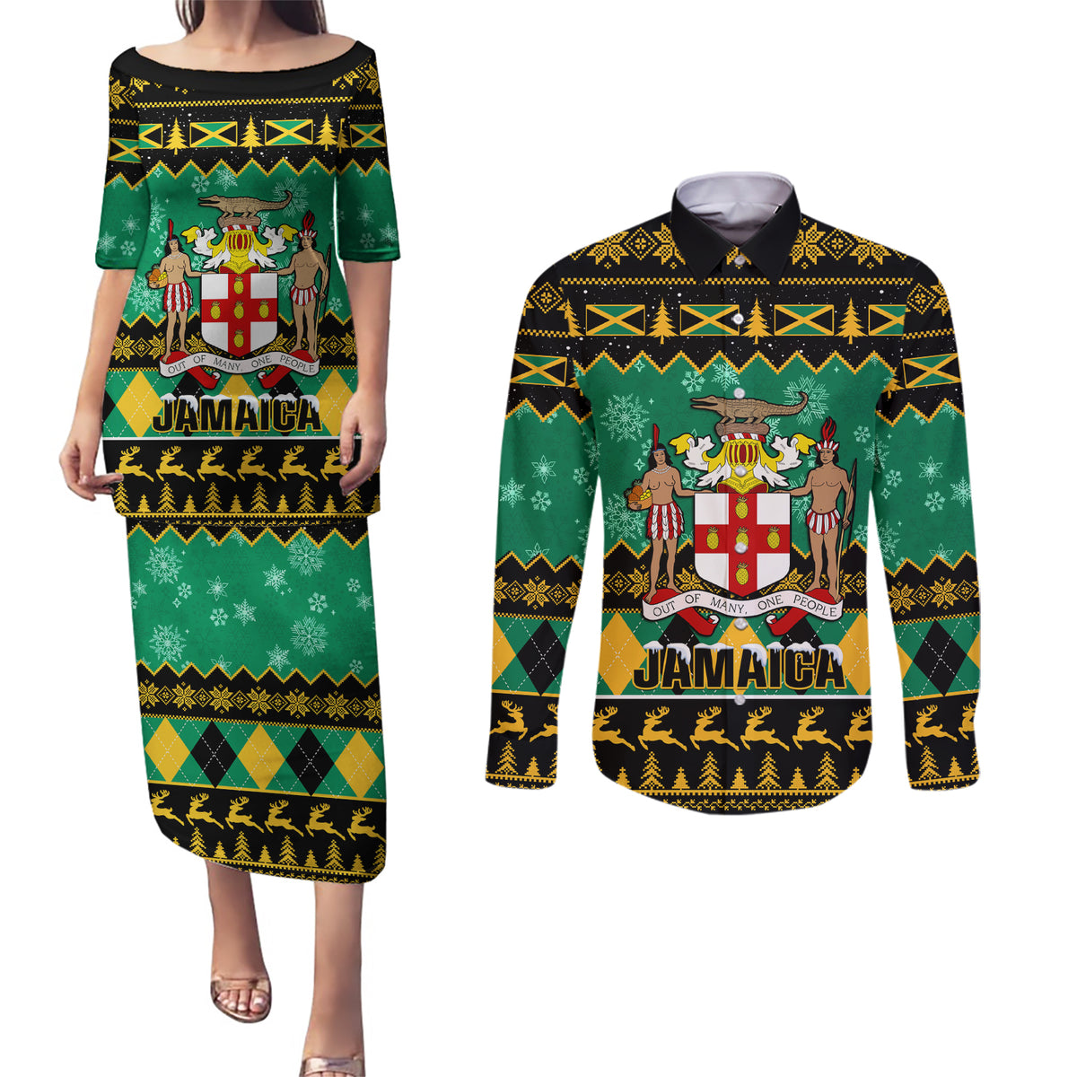 Personalised Jamaica Christmas Couples Matching Puletasi Dress and Long Sleeve Button Shirt Jamaican Coat Of Arms Xmas Vibes - Wonder Print Shop