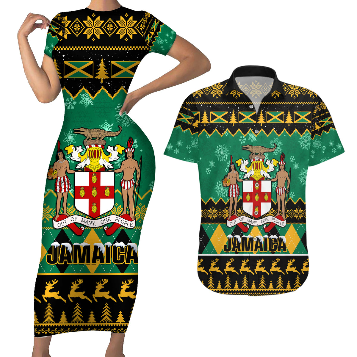 Personalised Jamaica Christmas Couples Matching Short Sleeve Bodycon Dress and Hawaiian Shirt Jamaican Coat Of Arms Xmas Vibes - Wonder Print Shop
