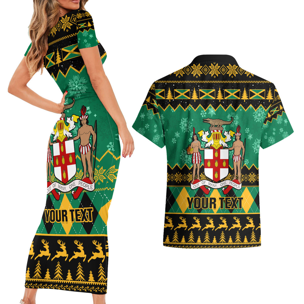 Personalised Jamaica Christmas Couples Matching Short Sleeve Bodycon Dress and Hawaiian Shirt Jamaican Coat Of Arms Xmas Vibes - Wonder Print Shop