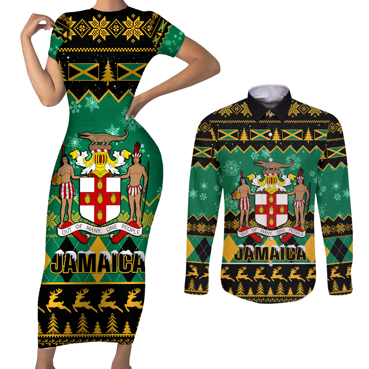 Personalised Jamaica Christmas Couples Matching Short Sleeve Bodycon Dress and Long Sleeve Button Shirt Jamaican Coat Of Arms Xmas Vibes - Wonder Print Shop